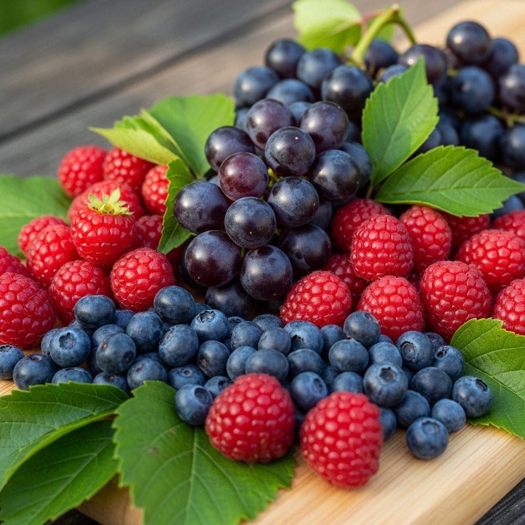 Selection of dark red berries, purple grapes, and wild blueberries on a wooden board with green leaves in natural daylight, illustrating antioxidant-rich whole foods